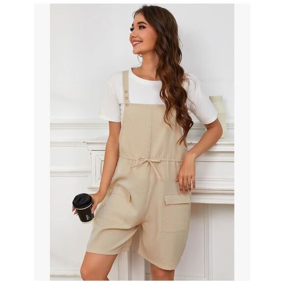 NEW Khaki Short Overalls Loose Adjustable Strap Romper Pockets M - Picture 6 of 7